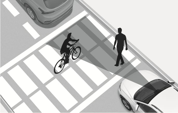 2025 Hyundai Tucson Leading Vehicle Departure Alert limitation image. A cyclist and a pedestrian are crossing the road between the white vehicle and the vehicle ahead, obstructing the sensor's detection range shown in gray. Explains a situation where the alert may not operate properly due to obstacles between the vehicles.