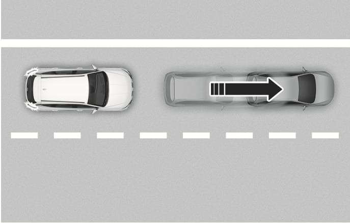 2025 Hyundai Tucson Leading Vehicle Departure Alert limitation image. A white vehicle sits behind a grey vehicle, with a large black arrow pointing right to show the front vehicle moving away quickly. This illustrates that the system may not operate properly if the vehicle ahead departs abruptly.