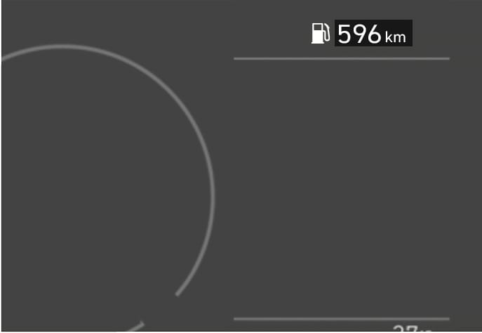 2025 Hyundai Tucson Distance to empty Type A image. The instrument cluster displays a fuel pump icon next to '596 km', indicating the estimated driving range. This explains the function of showing the distance the vehicle can be driven with the remaining fuel.