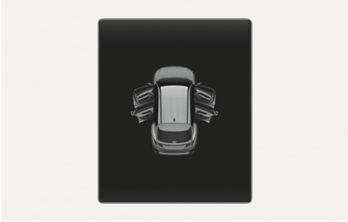 2025 Hyundai Tucson Door open indicator image. A top-down graphic of the vehicle on the cluster display shows the doors open. Explains the function of alerting the driver if any door, hood, or tailgate is left open.