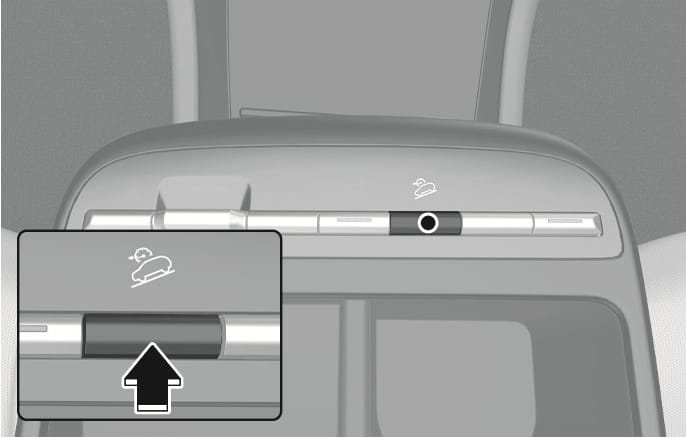 2025 Hyundai Tucson Downhill Brake Control button image. The image displays the button on the center console below the car-on-slope icon. An inset view shows a black arrow pointing upward to indicate pressing the silver button. This illustrates the operation to turn the Downhill Brake Control system on or off.