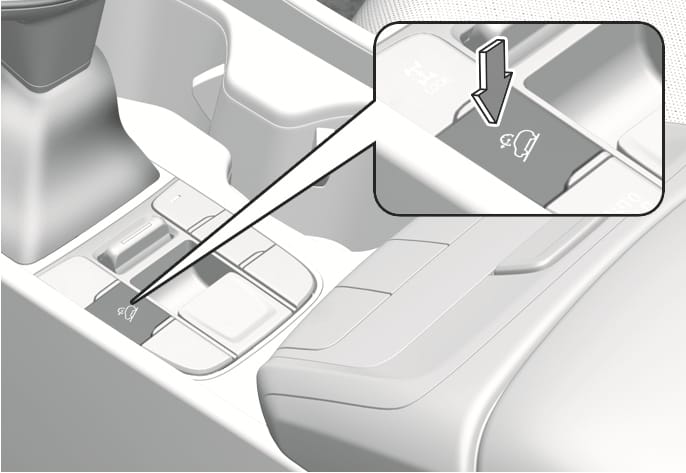 2025 Hyundai Tucson Downhill Brake Control button image. The image displays the Type B center console layout with a close-up of the button featuring a car on a slope icon. A downward arrow indicates pressing the button. This explains the function of turning the Downhill Brake Control system on or off.