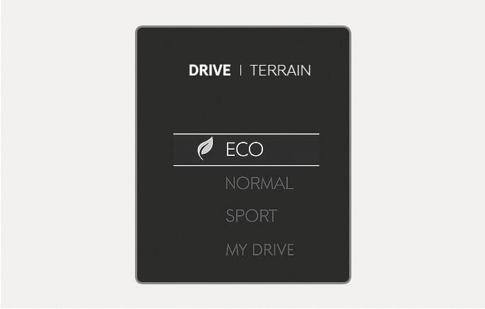 2025 Hyundai Tucson Drive Mode screen image. The display lists 'ECO', 'NORMAL', 'SPORT', and 'MY DRIVE' under 'DRIVE | TERRAIN'. 'ECO' is highlighted with a leaf icon. This illustrates the drive mode selection interface.