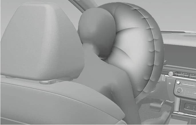 2025 Hyundai Tucson driver's front airbag deployment image. A stylized driver figure is shown with the airbag fully inflated from the steering wheel, cushioning the head and chest. Explains the protection provided by the airbag during a frontal impact.