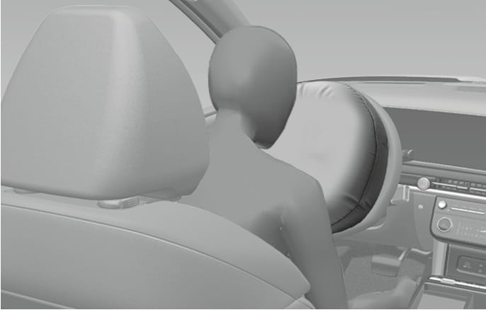 2025 Hyundai Tucson driver's front airbag image. An illustration shows the airbag inflating from the steering wheel towards the driver. Describes the function of the airbag deploying to protect the driver during a frontal impact.
