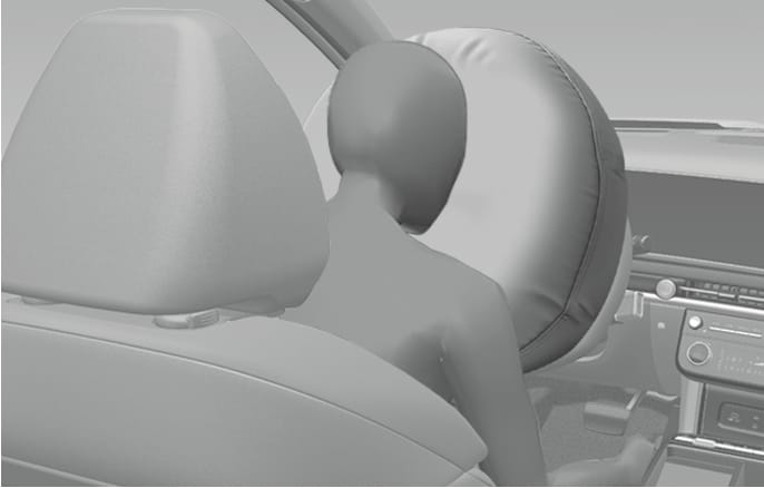 2025 Hyundai Tucson driver's front air bag deployment image. The image displays a schematic view of a driver mannequin with the front air bag fully inflated from the steering wheel, cushioning the head and chest. This illustrates the protective function of the air bag in reducing the risk of injury during a frontal collision.
