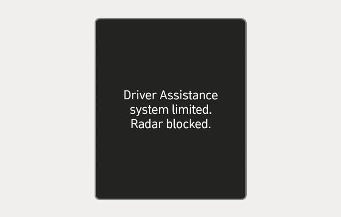 2025 Hyundai Tucson instrument cluster warning image. It displays 'Driver Assistance system limited. Radar blocked.' in white text. This explains the alert shown when the radar is blocked, limiting the Blind-Spot Collision-Avoidance Assist function.