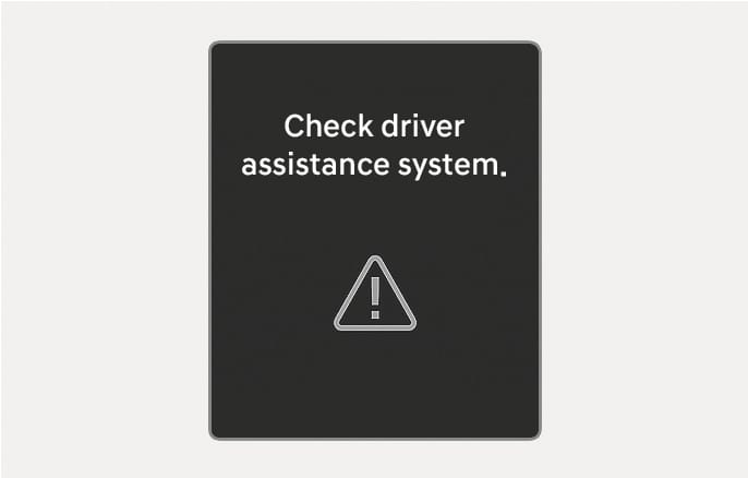 2025 Hyundai Tucson Forward Collision-Avoidance Assist malfunction warning image. The instrument cluster displays the text 'Check driver assistance system.' and a triangle icon with an exclamation mark. Explains the warning message displayed when the system is not working properly.