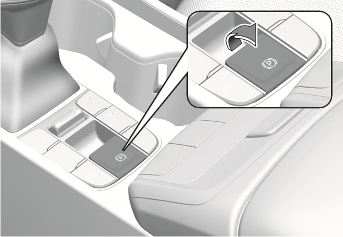 2025 Hyundai Tucson Electronic Parking Brake (EPB) switch Type B image. The image shows the EPB switch on the center console. An inset displays the switch with a 'P' symbol and a curved grey arrow indicating an upward pulling motion. This describes the function of applying the parking brake.