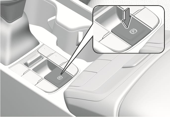 2025 Hyundai Tucson Electronic Parking Brake (EPB) release switch image. The image displays the EPB switch located on the center console, with a detailed inset showing a downward arrow pressing the switch marked with a P symbol. This explains the function of releasing the electronic parking brake.