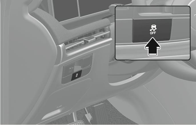 2025 Hyundai Tucson ESC OFF button image. The image shows the button located on the lower dashboard panel left of the steering wheel. A detailed inset displays the button with a skidding car icon and 'OFF' text, with a black arrow indicating the pressing action. Describes the function of deactivating the Electronic Stability Control system.