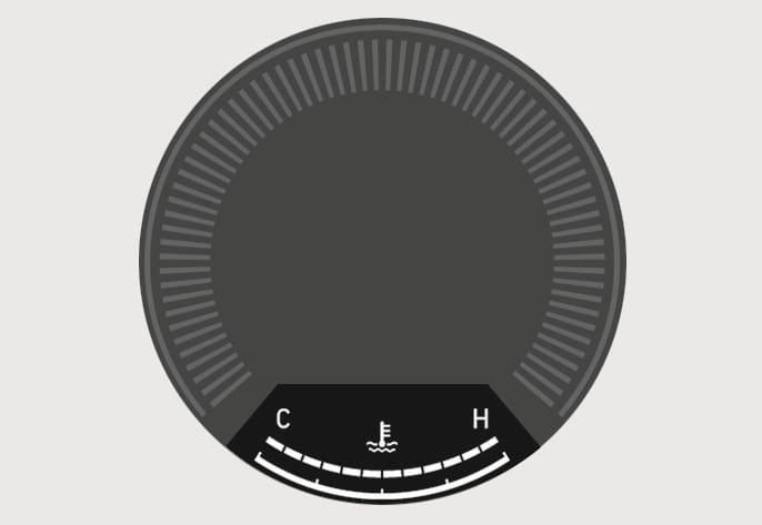 2025 Hyundai Tucson Engine coolant temperature gauge image. The Type A circular gauge displays a scale from 'C' to 'H' at the bottom with a thermometer icon. Explains the function of indicating the engine coolant temperature.