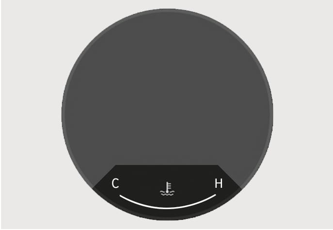 2025 Hyundai Tucson Engine coolant temperature gauge Type B image. The circular gauge displays a curved scale at the bottom labeled 'C' on the left and 'H' on the right, with a thermometer icon in the center. Describes the function of indicating the engine coolant temperature.