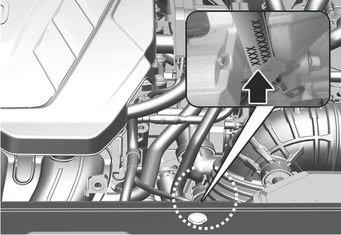 2025 Hyundai Tucson Smartstream G2.5 GDi engine number location image. A dotted circle highlights the lower engine area. A magnified inset shows a black arrow pointing to the number stamped on the metal block. Explains the location of the engine number.
