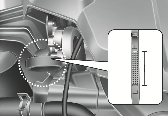 2025 Hyundai Tucson Smartstream G2.5 GDi engine oil dipstick image. A dotted circle highlights the dipstick handle. A magnified view shows the gauge tip with F (Full) and L (Low) markings. Explains the function of checking the proper engine oil level range.