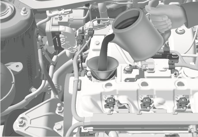2025 Hyundai Tucson Smartstream D1.6 engine oil refilling image. A hand is shown pouring engine oil from a container into a funnel inserted into the oil filler port on the engine. This illustrates the process of adding engine oil to the vehicle.
