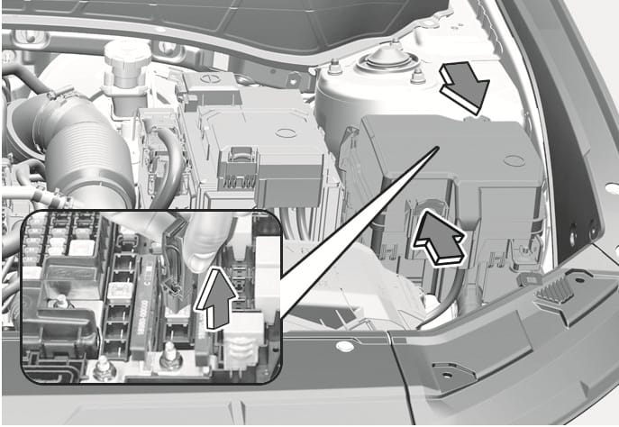 2025 Hyundai Tucson engine compartment fuse replacement image. The view highlights the fuse box with arrows indicating the cover removal. An inset shows a hand using a fuse puller to remove a cartridge fuse, with a vertical arrow indicating the upward pulling direction. Explains how to replace a cartridge type fuse.