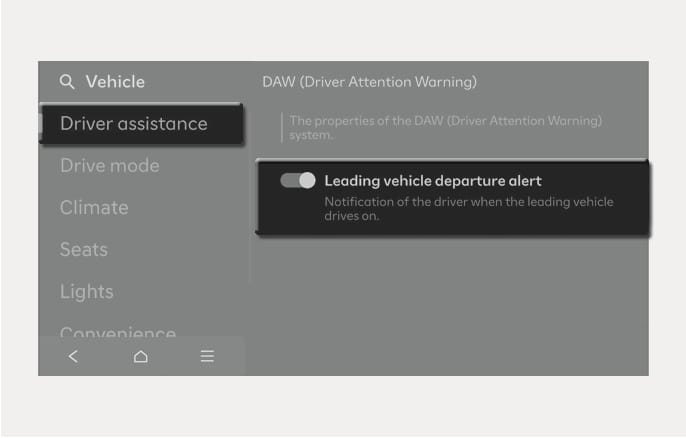 2025 Hyundai Tucson Leading vehicle departure alert settings image. The infotainment screen shows 'Driver assistance' selected in the 'Vehicle' menu. The 'Leading vehicle departure alert' option under 'DAW (Driver Attention Warning)' is displayed with a toggle switch and the text 'Notification of the driver when the leading vehicle drives on.' Explains the screen configuration to enable the notification function when the front vehicle moves.