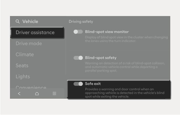 2025 Hyundai Tucson Safe Exit Warning settings image. The infotainment screen displays the 'Driver assistance' menu. The 'Safe exit' option is highlighted with the text 'Provides a warning and door control when an approaching vehicle is detected in the vehicle's blind spot while exiting the vehicle.' Explains the function of enabling the Safe Exit Warning system.