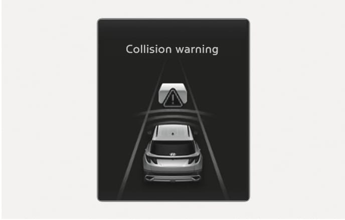 2025 Hyundai Tucson Forward Collision-Avoidance Assist Collision Warning screen image. The instrument cluster displays the text 'Collision warning' and a graphic of a vehicle ahead with a triangle exclamation mark icon. This describes the warning message displayed to warn the driver of a collision risk.