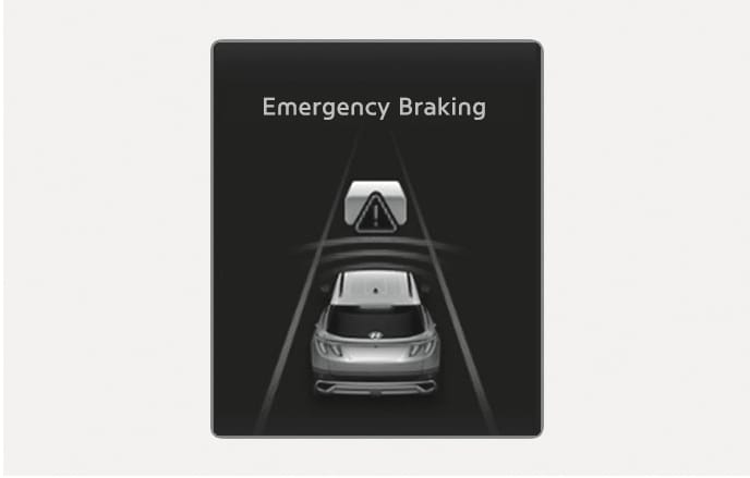 2025 Hyundai Tucson Forward Collision-Avoidance Assist Emergency Braking screen image. The display shows the text 'Emergency Braking' and a vehicle graphic with a warning icon ahead. This describes the warning message displayed during emergency braking.