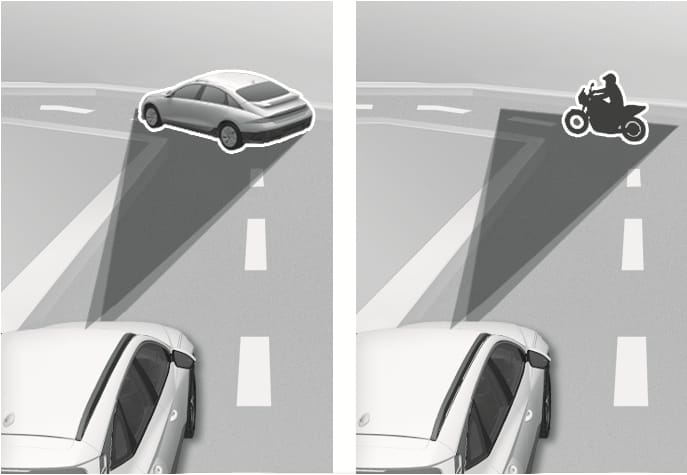 2025 Hyundai Tucson Forward Collision-Avoidance Assist image. The left panel shows a car and the right panel shows a motorcycle crossing the vehicle's path, both highlighted with white outlines within the sensor's detection cone. Explains the system limitation regarding vehicles or two-wheelers suddenly cutting in front.