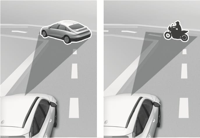 2025 Hyundai Tucson Forward Collision-Avoidance Assist detection image. Two panels display a vehicle and a motorcycle ahead, highlighted with white outlines within the triangular detection field. Explains the system's capability to recognize vehicles and two-wheelers.
