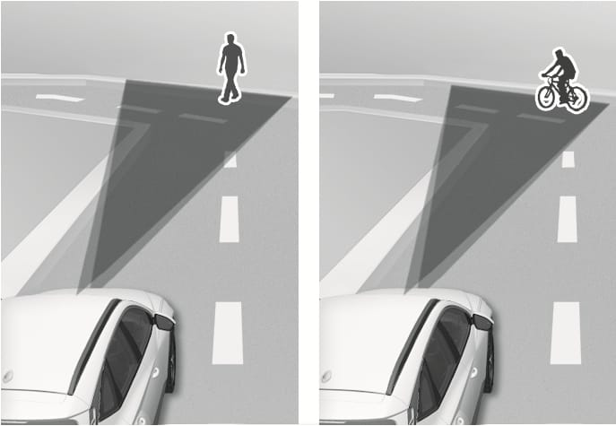 2025 Hyundai Tucson Forward Collision-Avoidance Assist detection image. The left side shows a pedestrian and the right side shows a cyclist crossing the road in front of the white vehicle, both highlighted within the dark triangular sensor detection range. Explains the system's function of detecting pedestrians and cyclists.