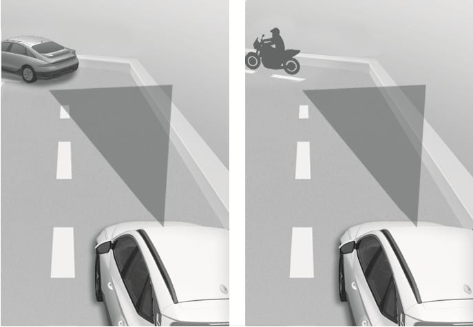2025 Hyundai Tucson Forward Collision-Avoidance Assist detection image. The graphic shows a white vehicle detecting a car and a motorcycle within a grey triangular sensor field. This illustrates the capability to detect vehicles and powered two-wheelers.