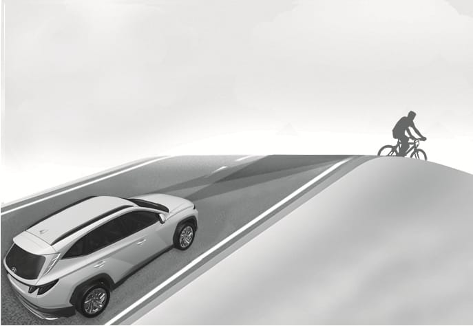2025 Hyundai Tucson Forward Collision-Avoidance Assist limitation image. A white SUV drives up a steep hill with a cyclist at the top. The sensor beams project straight ahead, missing the cyclist. Explains the limitation where the system may not detect objects on inclined roads.