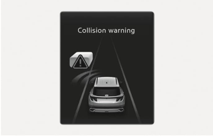 2025 Hyundai Tucson Junction Turning Collision Warning image. The instrument cluster displays the text 'Collision warning'. A vehicle graphic is shown with a warning icon containing an exclamation mark inside a triangle on the left, accompanied by radar waves. This describes the function that warns the driver of a collision risk when turning at a junction.