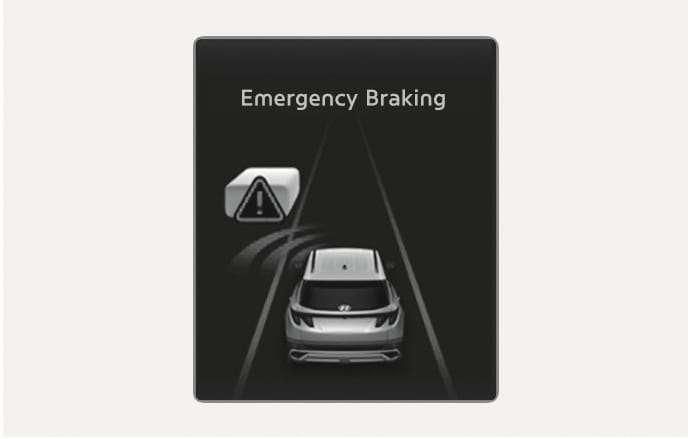 2025 Hyundai Tucson Junction Turning Emergency Braking image. The instrument cluster displays 'Emergency Braking' text and a vehicle graphic with radar waves approaching an obstacle marked by a warning triangle icon. This describes the function that warns the driver and assists with emergency braking to prevent collisions.