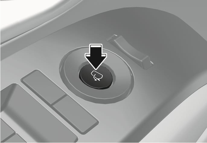 2025 Hyundai Tucson side view mirror folding button image. A black arrow points downwards to a circular button featuring a mirror icon with a curved arrow. Explains the function of folding or unfolding the outside rearview mirrors by pressing the button.