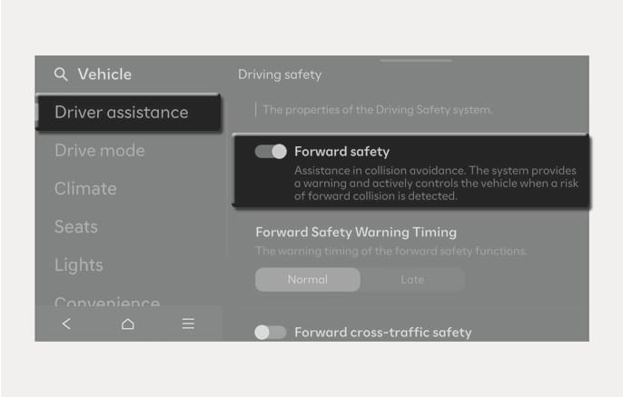 2025 Hyundai Tucson Forward Safety settings screen image. The 'Driver assistance' menu is selected, and the 'Forward safety' toggle is on. The screen displays text about collision avoidance assistance. It explains the function of enabling warnings and vehicle control when a forward collision risk is detected.