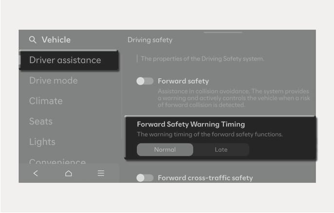 2025 Hyundai Tucson Forward Safety Warning Timing settings image. The infotainment screen displays the 'Driver assistance' menu and 'Forward Safety Warning Timing' options 'Normal' and 'Late'. Explains the function of adjusting the warning activation time for Forward Collision-Avoidance Assist.