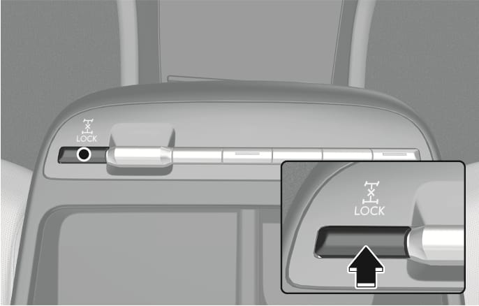 2025 Hyundai Tucson Four Wheel Drive (4WD) LOCK button image. The image displays the 4WD LOCK switch on the center console, labeled with a drivetrain icon and 'LOCK' text. A magnified inset view features a black arrow pointing upwards, indicating the direction to push the switch. Explains the function of engaging the 4WD Lock system for maximum traction.