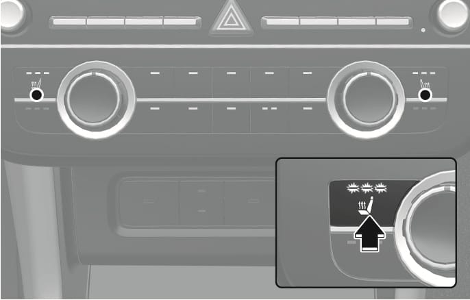 2025 Hyundai Tucson Front seat warmer switch (Type A) image. The image shows the center console buttons with a close-up of the seat warmer switch. A black arrow points to the button featuring a seat icon with wavy lines and three indicator lights above it. Explains the function of pressing the switch to control the seat temperature.