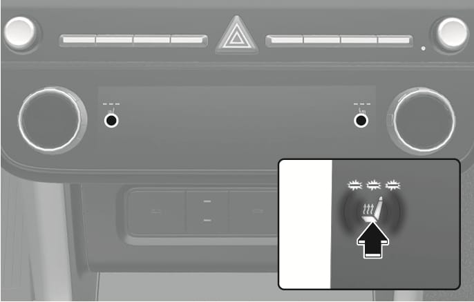 2025 Hyundai Tucson Front seat warmer switch (Type B) image. The image displays the climate control panel and a detailed inset of the seat warmer button with a seat icon and three intensity lights. A black arrow points to the button, indicating the pressing action. Explains the function of manually adjusting the seat heating levels.