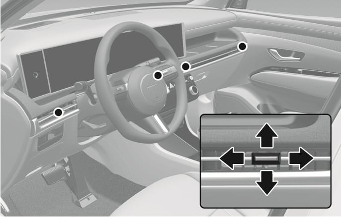 2025 Hyundai Tucson instrument panel vents image. Black circles highlight the locations of the front air vents on the dashboard. A close-up inset shows the vent adjustment lever with black arrows indicating up, down, left, and right movement. Explains the function of adjusting the air flow direction using the vent adjustment lever.