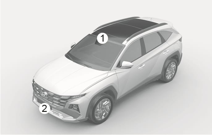 2025 Hyundai Tucson detecting sensor location image. The vehicle is shown with numbered callouts indicating the positions of the sensors. Callout (1) points to the front view camera located at the top center of the windshield, and callout (2) points to the front radar located on the lower front bumper. Explains the locations of the detecting sensors for the Forward Collision-Avoidance Assist system.