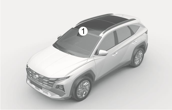 2025 Hyundai Tucson front view camera location image. A callout number (1) points to the front view camera located at the top center of the windshield. Explains the location of the detecting sensor used to detect lane markings and front vehicles.