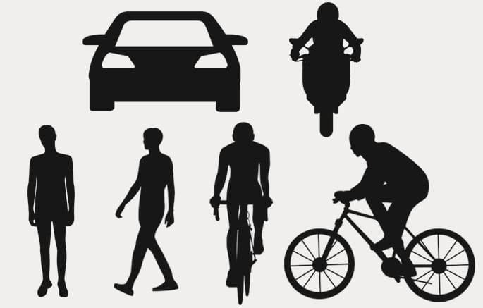 2025 Hyundai Tucson Forward Collision-Avoidance Assist detection targets image. The image displays black silhouettes of a car, a motorcycle, pedestrians, and cyclists. This illustrates the types of objects detected by the Forward Collision-Avoidance Assist system.