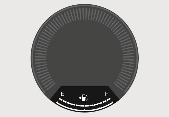 2025 Hyundai Tucson Fuel Gauge Type A image. The circular gauge features a curved scale at the bottom ranging from E (Empty) to F (Full) with white segments. A fuel pump icon with a triangular arrow pointing left is displayed in the center. It indicates the approximate amount of fuel remaining in the fuel tank.