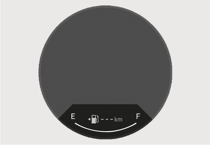2025 Hyundai Tucson Fuel gauge Type B image. The digital display shows a curved gauge at the bottom ranging from E (Empty) to F (Full). A fuel pump icon with a left-pointing arrow and '--- km' text are displayed. Explains the function of indicating the approximate fuel amount and distance to empty.