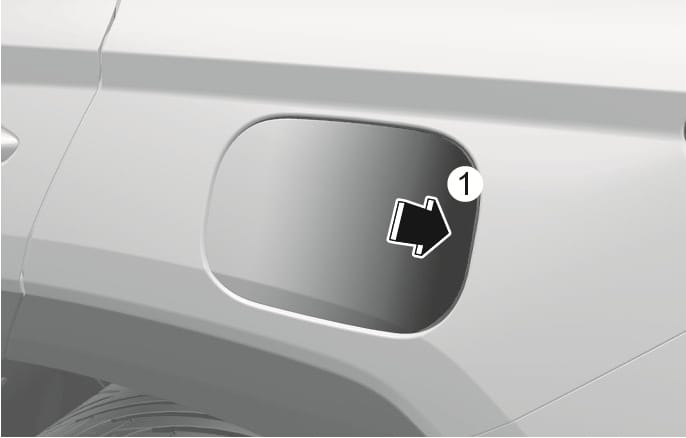 2025 Hyundai Tucson fuel filler door image. A black arrow points to the rear center edge (1) of the fuel filler door, indicating the position to press. Explains the function of opening the fuel filler door.