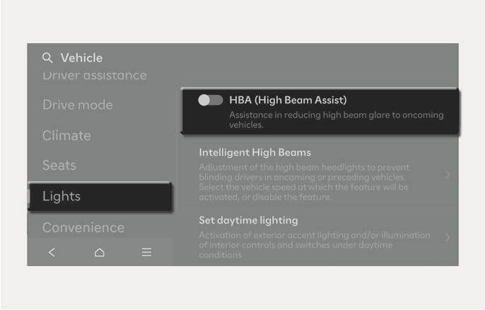 2025 Hyundai Tucson High Beam Assist settings screen image. The infotainment screen displays the 'Vehicle' settings with 'Lights' selected on the left. On the right, the 'HBA (High Beam Assist)' toggle switch is shown along with the text 'Assistance in reducing high beam glare to oncoming vehicles.' This illustrates the menu interface for enabling or disabling the High Beam Assist function.