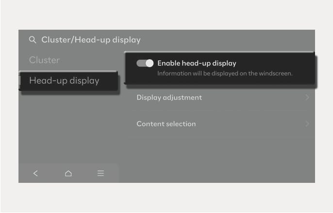 2025 Hyundai Tucson Head-up display settings image. The infotainment screen shows the 'Cluster/Head-up display' menu with 'Head-up display' selected. The 'Enable head-up display' toggle switch is active, displaying 'Information will be displayed on the windscreen.' This explains the function to enable the head-up display.