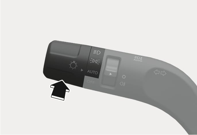 2025 Hyundai Tucson high beam operation lever image. A thick black arrow points upwards, indicating pushing the lever away. The lever displays icons for lights, AUTO, and turn signals. Explains the function of turning on the high beam headlights.