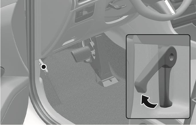 2025 Hyundai Tucson hood release lever image. The image shows the position of the hood release lever on the lower left side of the driver's footwell. An inset view depicts the lever with a curved arrow indicating the pulling motion. Explains the function of pulling the lever to unlatch the hood.