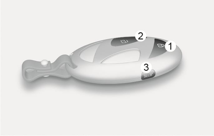 2025 Hyundai Tucson smart key image. It displays the smart key with callout numbers indicating the door lock button (1), door unlock button (2), and tailgate open/close button (3) labeled with 'HOLD'. Explains the function of using these buttons to deactivate the smart tailgate operation.